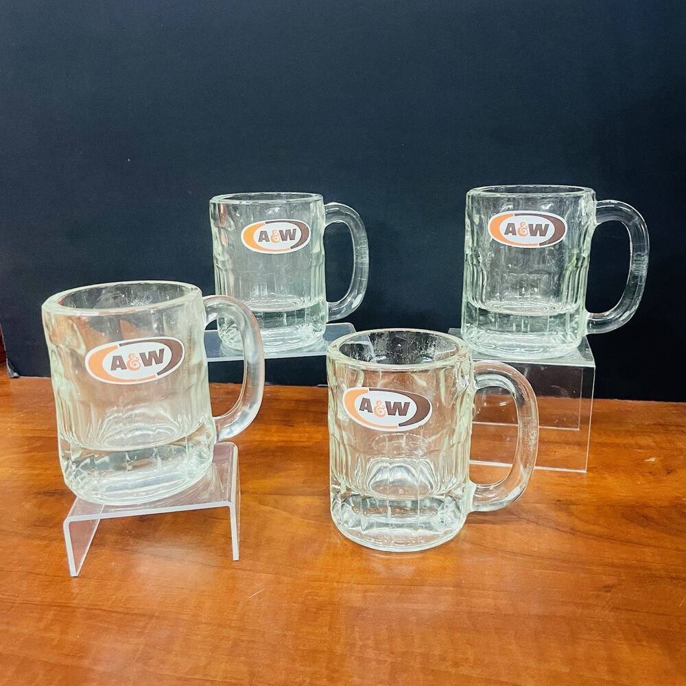 VTG A&W Root Beer Soda Set of 4 USA America Logo Heavy Glass Mug 4.5" Tall